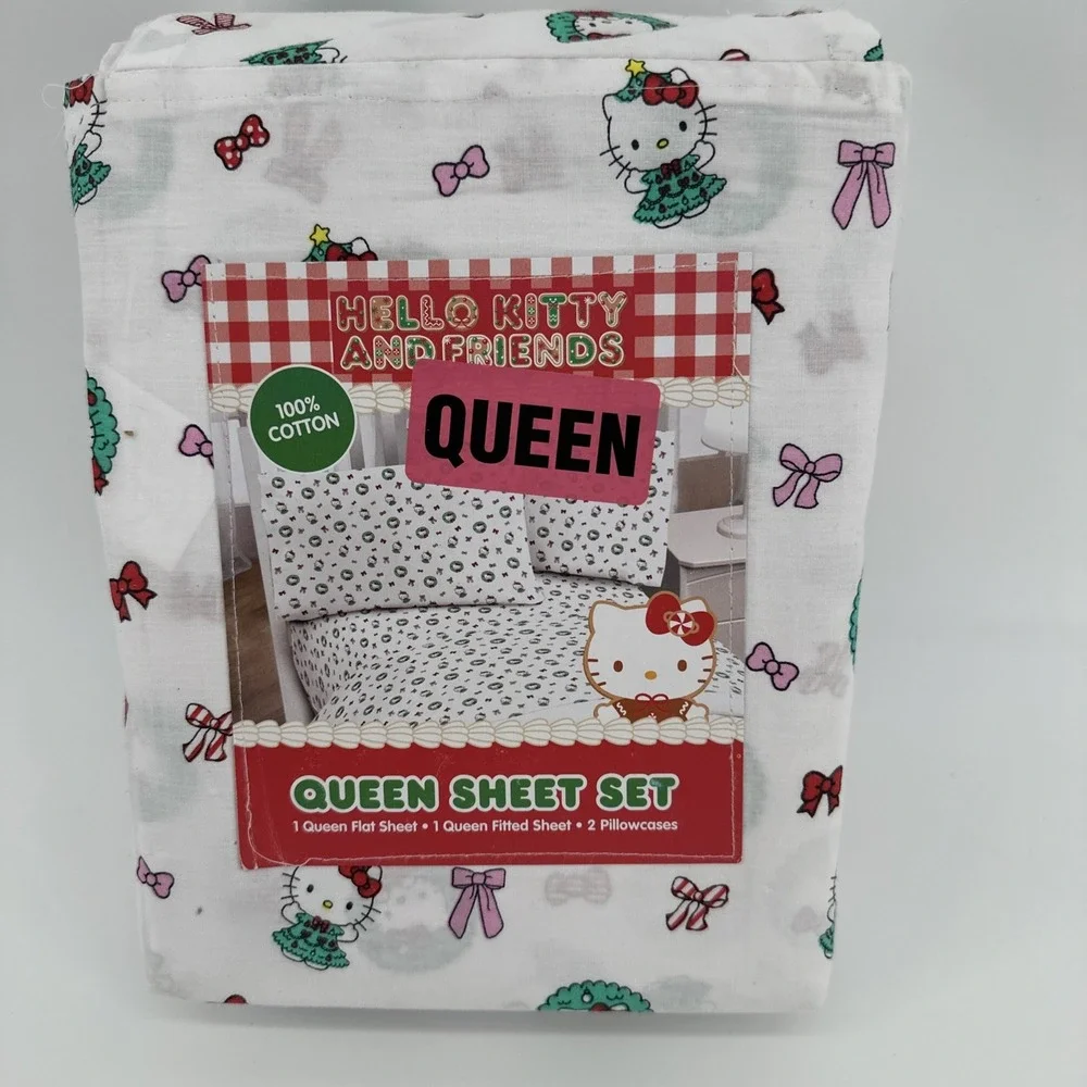 Sanrio Hello Kitty And Friends Queen Size Sheet Set‎ Christmas Wreaths NEW